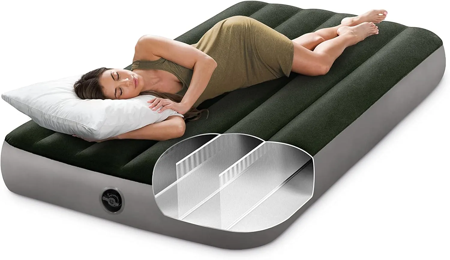 Intex 64777E Dura-Beam Standard Prestige Air Mattress: Fiber-Tech - Twin Size - Hand-Held Battery Pump - 10in Bed Height - 300lb Weight Capacity