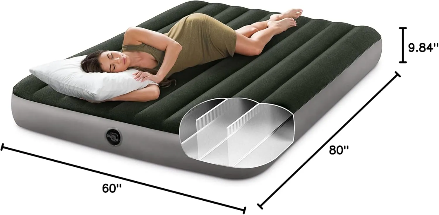 Intex 64779E Dura-Beam Standard Prestige Air Mattress: Fiber-Tech - Queen Size - Hand-Held Battery Pump - 10in Bed Height - 600lb Weight Capacity