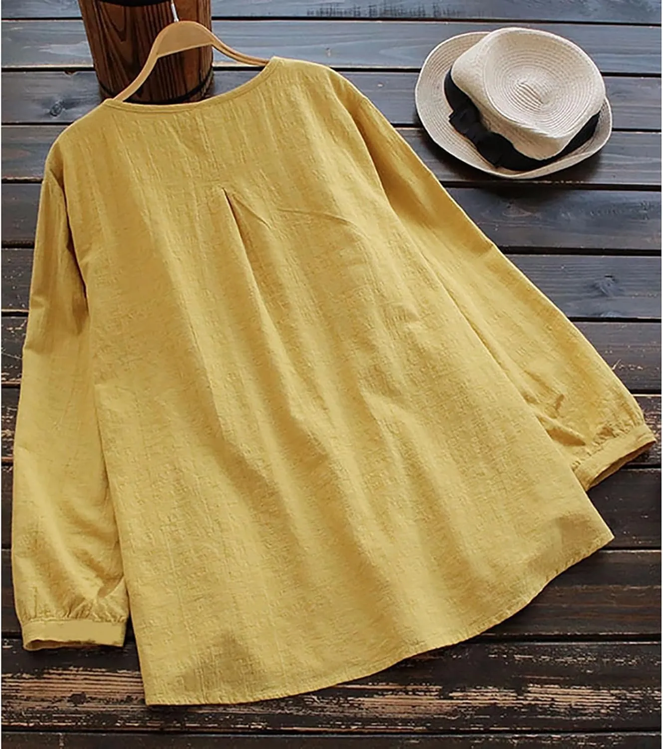 Janepam Women Cotton Linen Top Long Sleeve Solid Plain/Graphic Embroidery Lace Loose Blouse