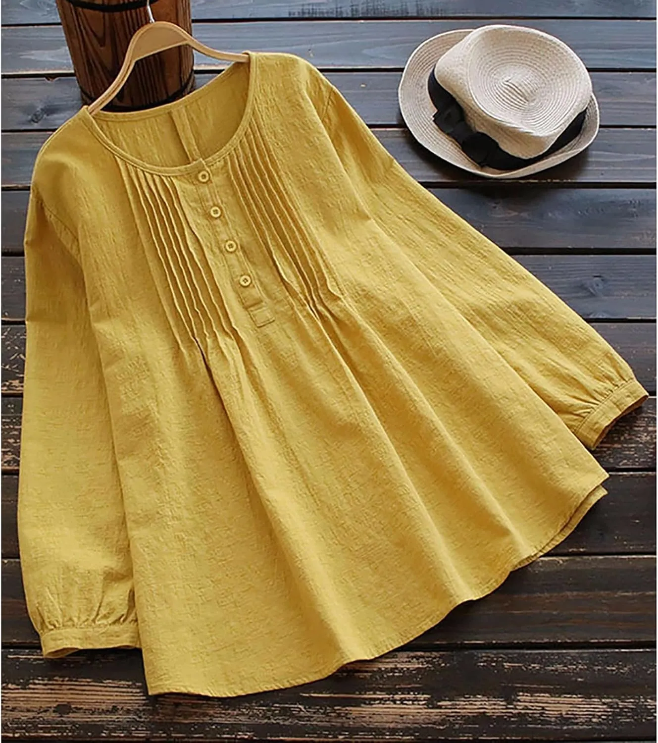 Janepam Women Cotton Linen Top Long Sleeve Solid Plain/Graphic Embroidery Lace Loose Blouse