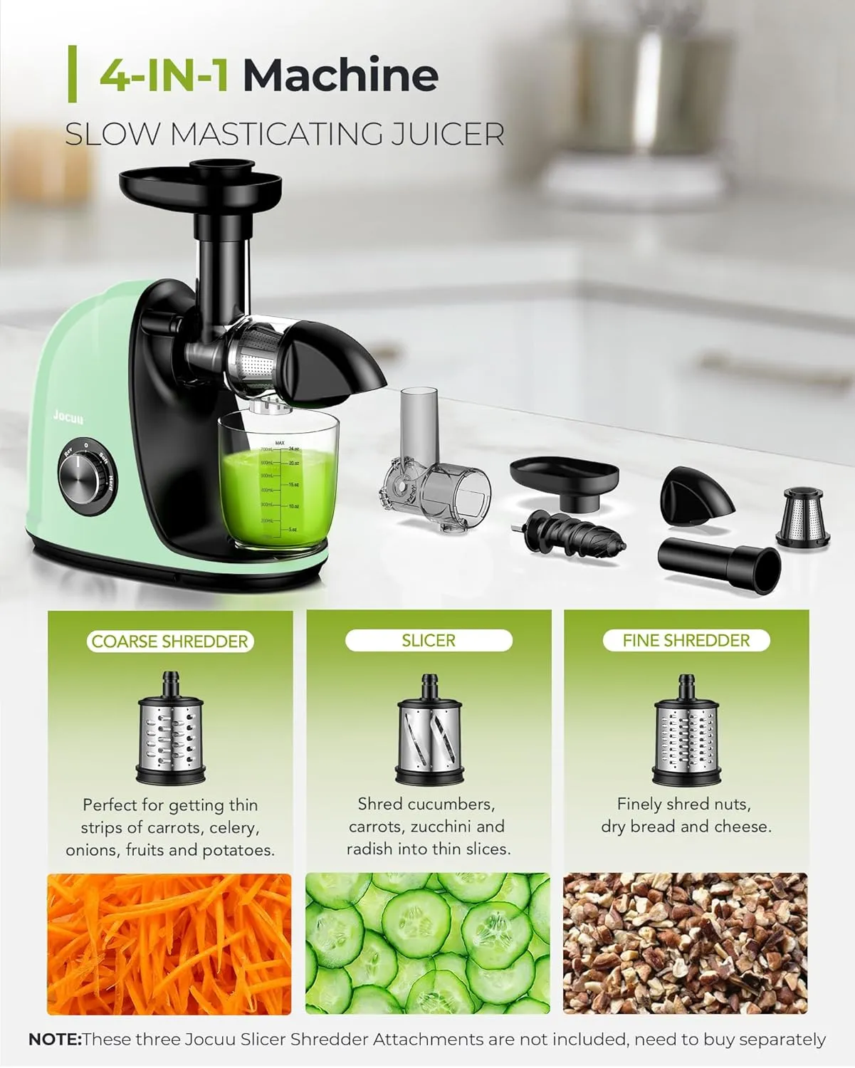 Jocuu Slow Masticating Juicer with 2-Speed Modes - Cold Press Juicer Machine - Quiet Motor & Reverse Function - Easy to Clean Juicer Extractor - Juice Recipes for Fruits & Vegetables (Light Green)