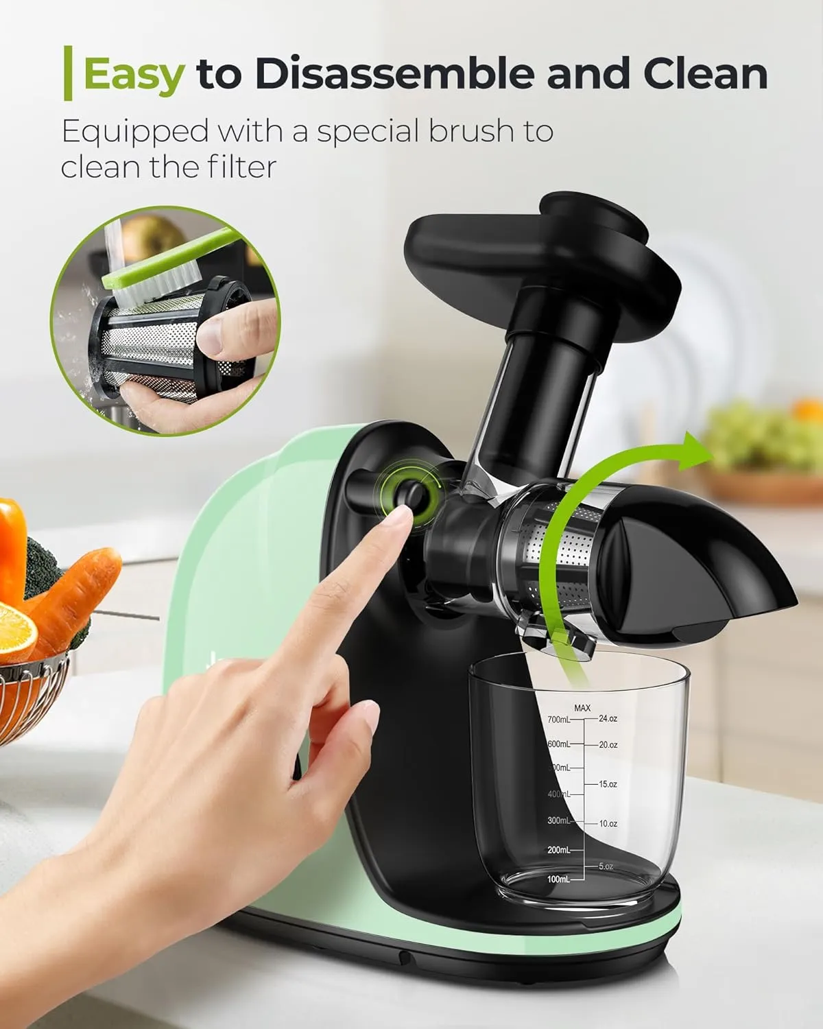 Jocuu Slow Masticating Juicer with 2-Speed Modes - Cold Press Juicer Machine - Quiet Motor & Reverse Function - Easy to Clean Juicer Extractor - Juice Recipes for Fruits & Vegetables (Light Green)