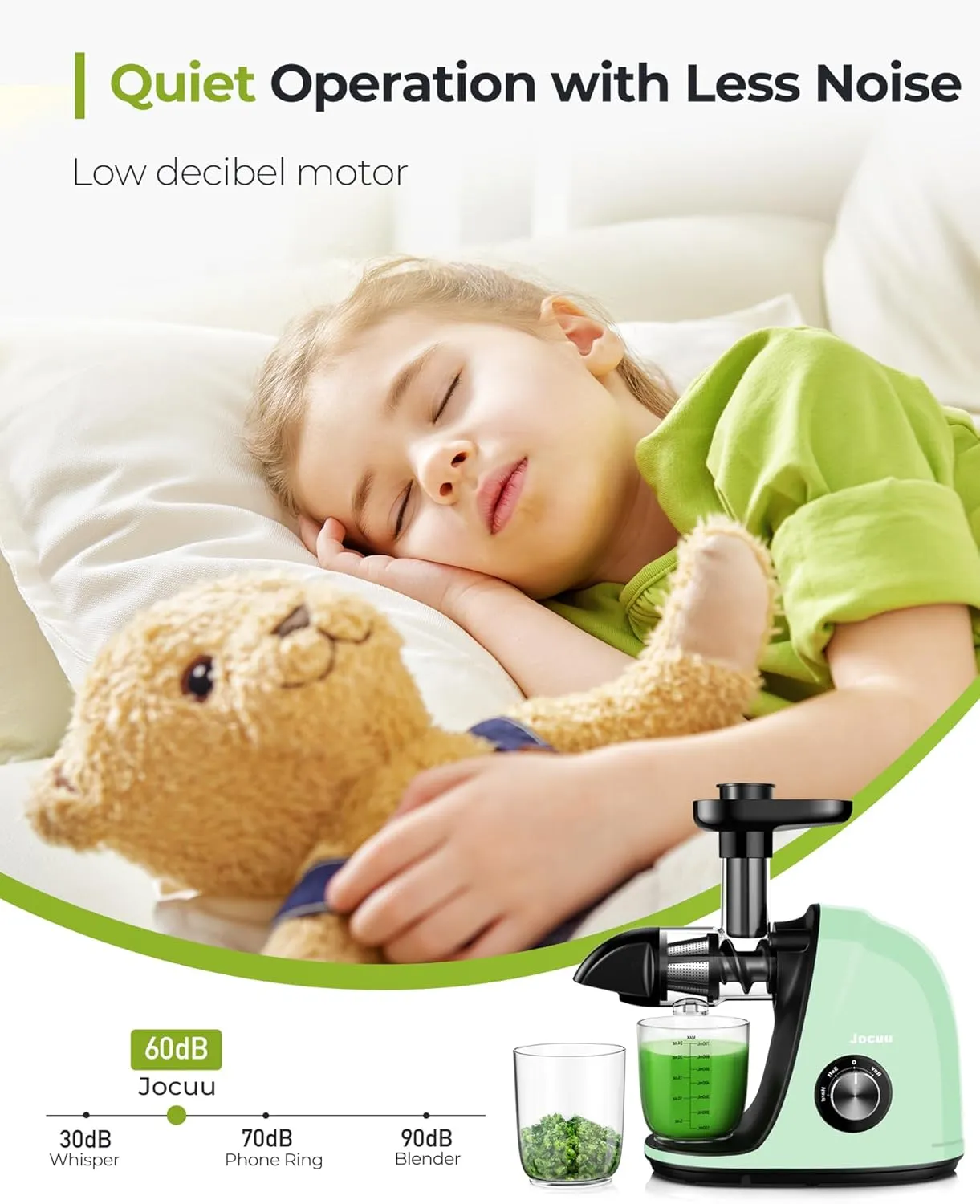Jocuu Slow Masticating Juicer with 2-Speed Modes - Cold Press Juicer Machine - Quiet Motor & Reverse Function - Easy to Clean Juicer Extractor - Juice Recipes for Fruits & Vegetables (Light Green)