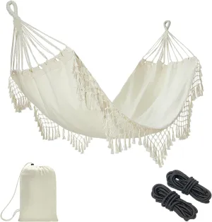 JoyView Boho Macrame Single Hammock with Hanging Ropes & Elegant Tassels 78.8x39.4 Portable Cotton Hammock for Patio Backyard Porch 300LBS Weight Capacity Perfect for Outdoor/Indoor - Beige Color