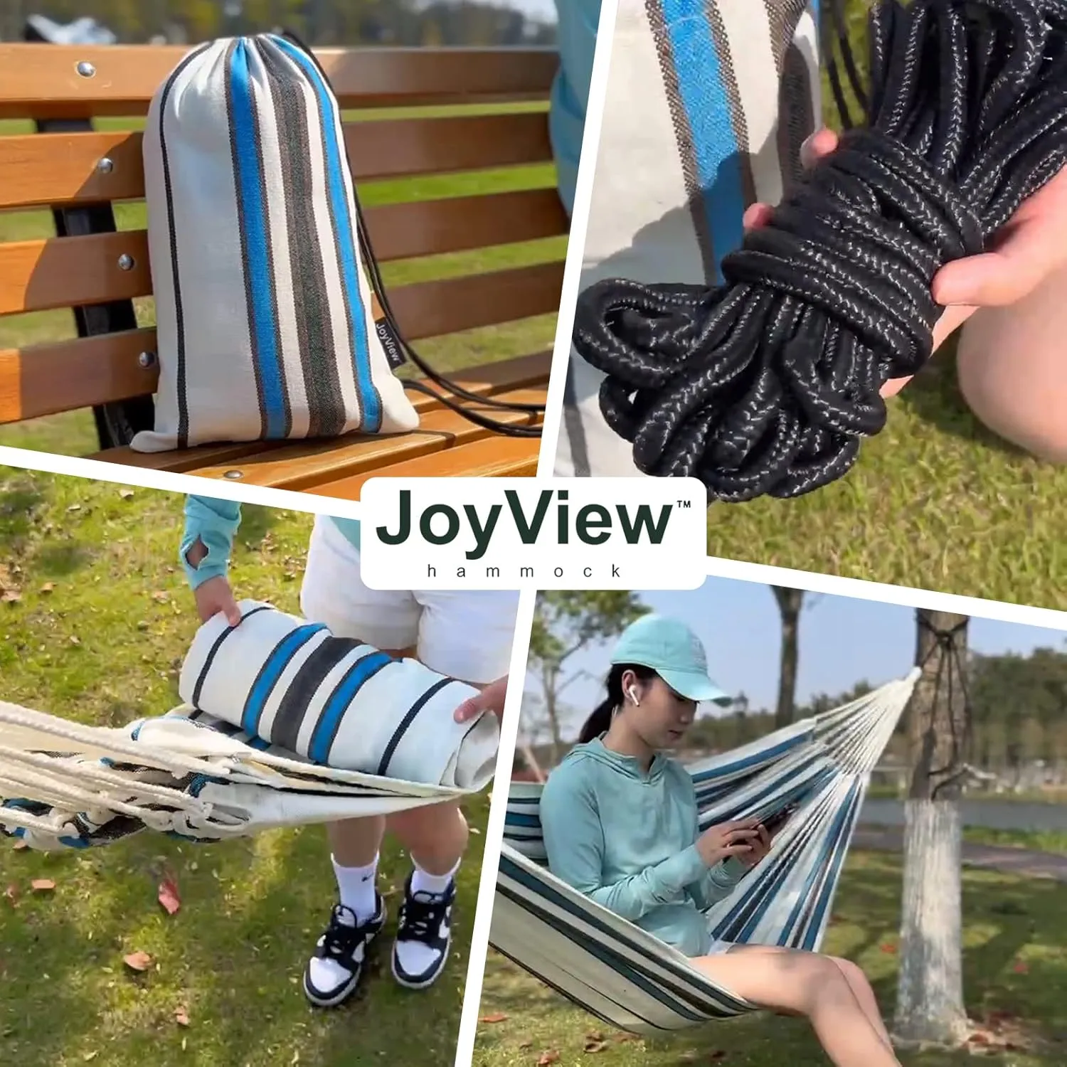 JoyView Brazilian Double Hammock with Hanging Ropes Extra Large 86.6x59” Portable Cotton Hammock for Patio Backyard Porch 450LBS Weight Capacity Perfect for Outdoor/Indoor - Black/Red Stripe