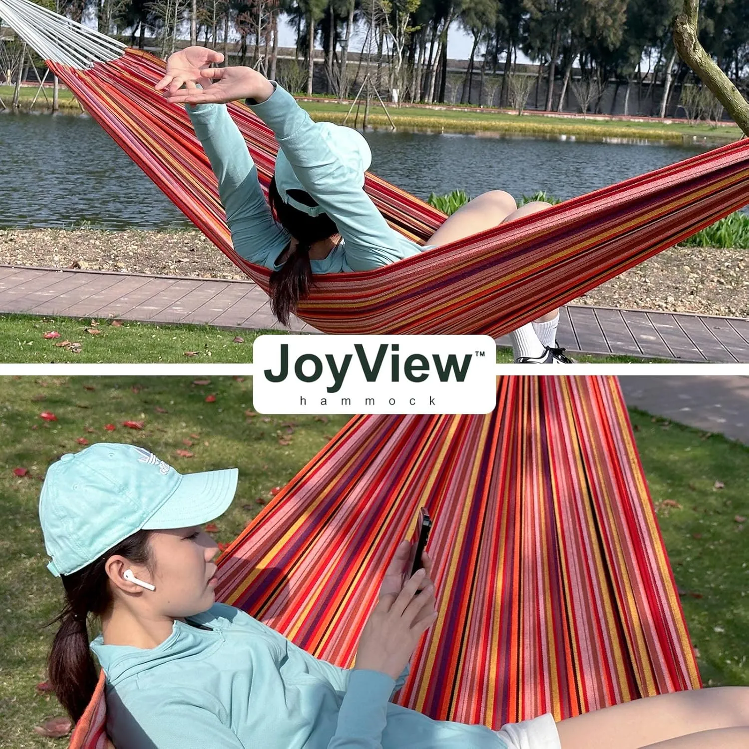 JoyView Brazilian Double Hammock with Hanging Ropes Extra Large 86.6x59” Portable Cotton Hammock for Patio Backyard Porch 450LBS Weight Capacity Perfect for Outdoor/Indoor - Black/Red Stripe
