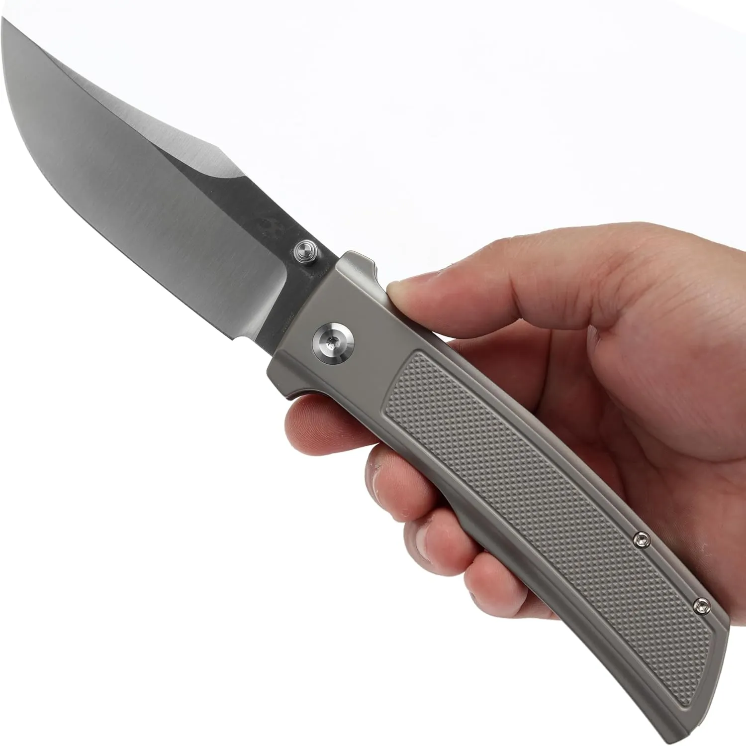 KANSEPT Bison Pocket Folding Knife, 4.25'' Satin CPM S35VN Steel Sharp Blade, Plain Titanium with Frag Pattern Handle, Frame Lock and Thumb Stud for Edc, Camping Hiking Knives K1108A1