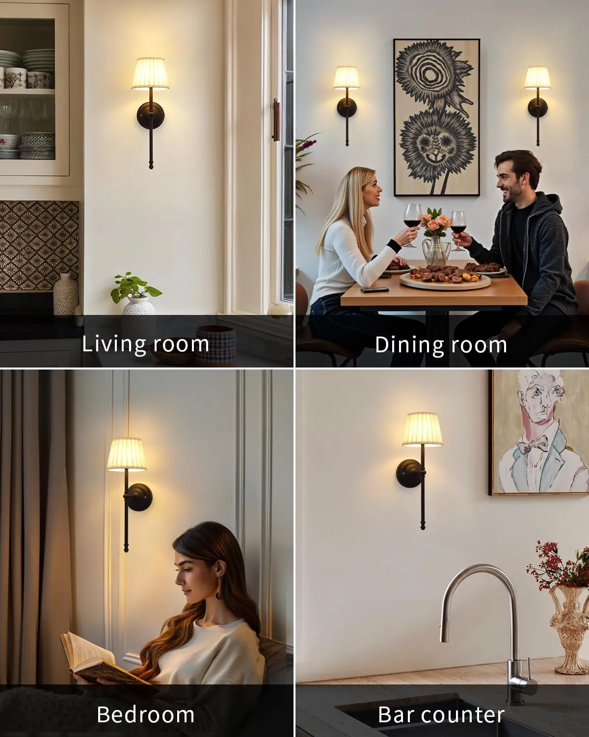 KDG Cordless Wall Sconces Set of 2, Small Wireless 5200mAh Rechargeable Battery Fabric LED Wall Lamps, Portables Lightings for Wall Painting, Living Room, Bedroom, Hallway, Gifts, Night Light (Black)