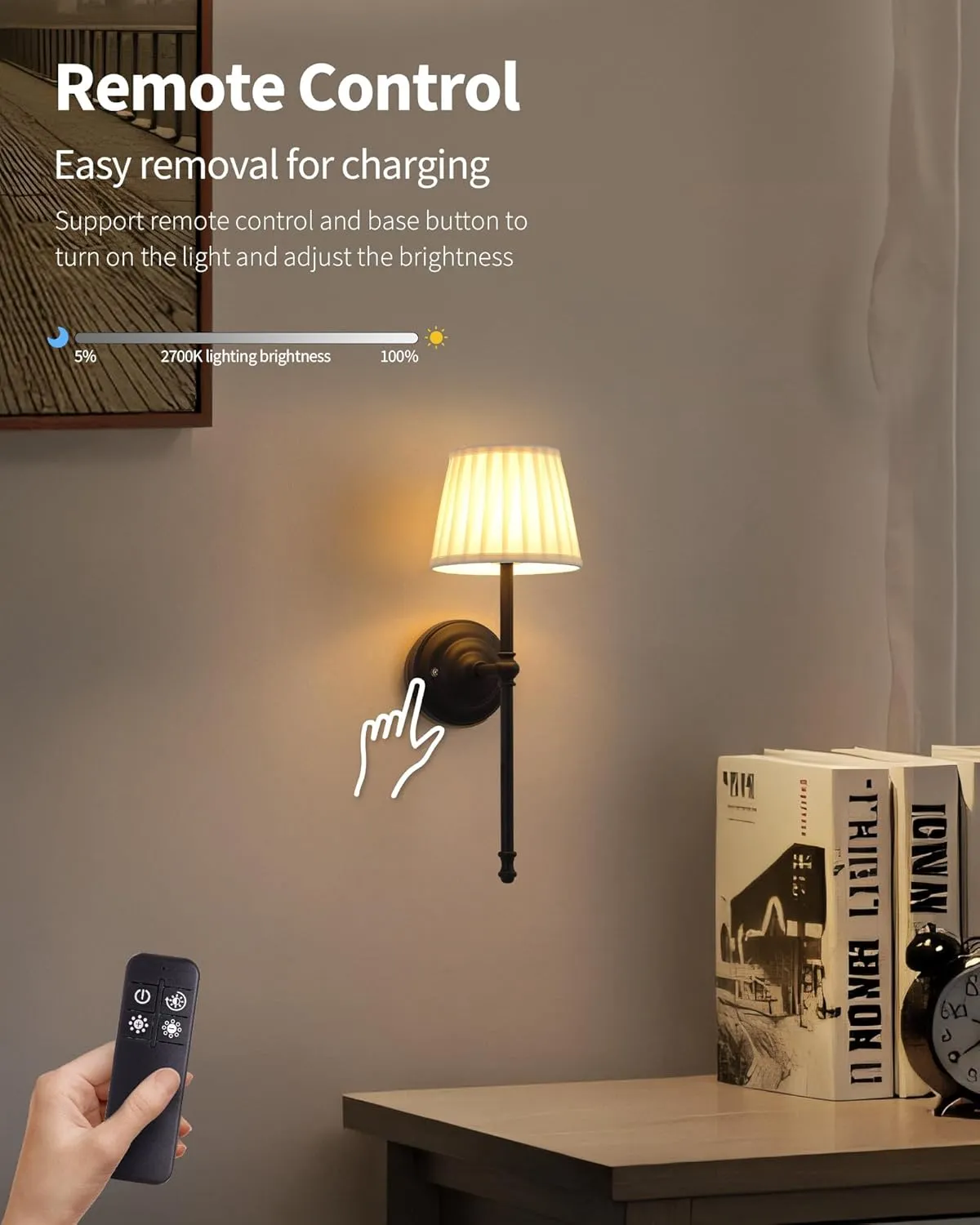 KDG Cordless Wall Sconces Set of 2, Small Wireless 5200mAh Rechargeable Battery Fabric LED Wall Lamps, Portables Lightings for Wall Painting, Living Room, Bedroom, Hallway, Gifts, Night Light (Black)