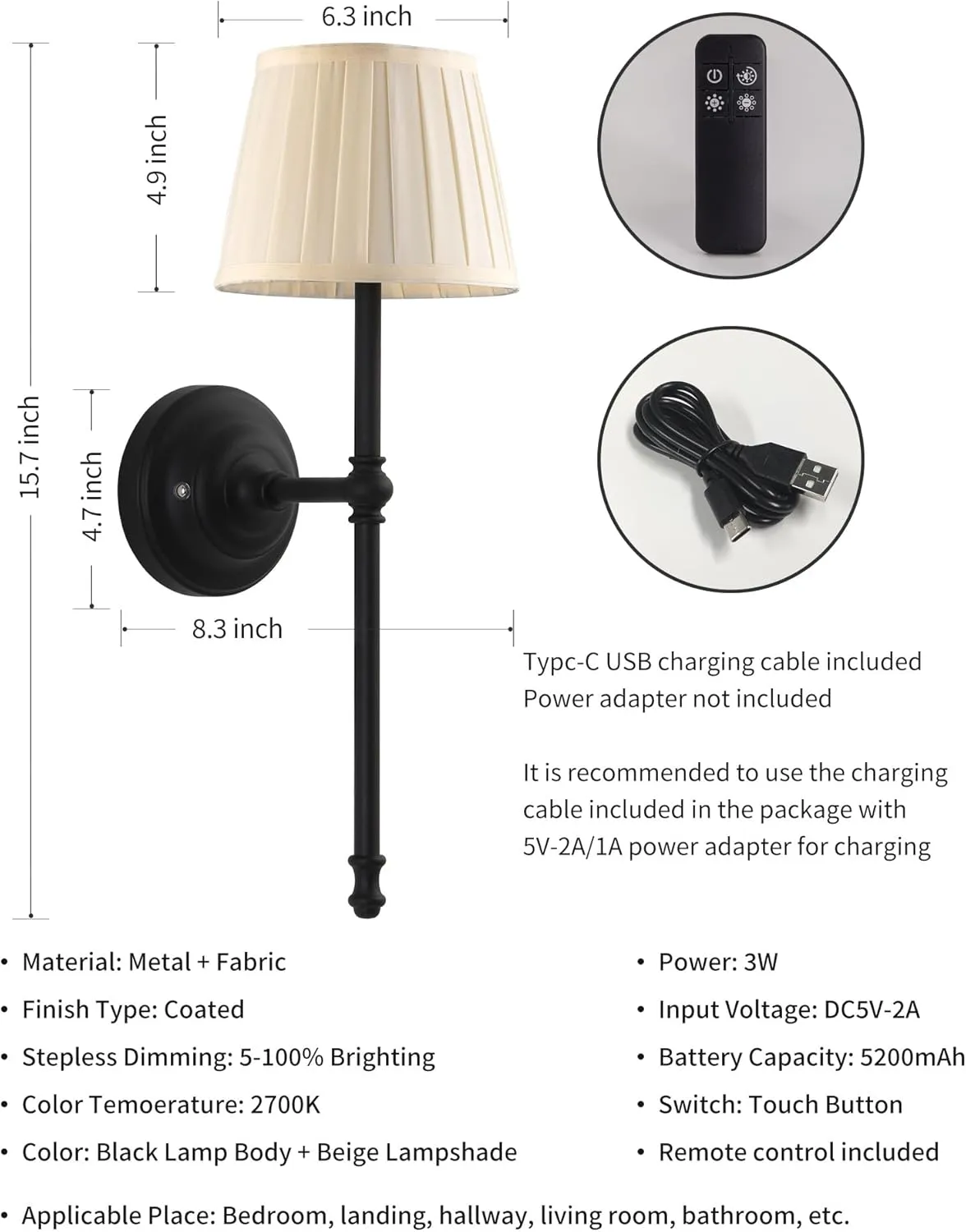 KDG Cordless Wall Sconces Set of 2, Small Wireless 5200mAh Rechargeable Battery Fabric LED Wall Lamps, Portables Lightings for Wall Painting, Living Room, Bedroom, Hallway, Gifts, Night Light (Black)