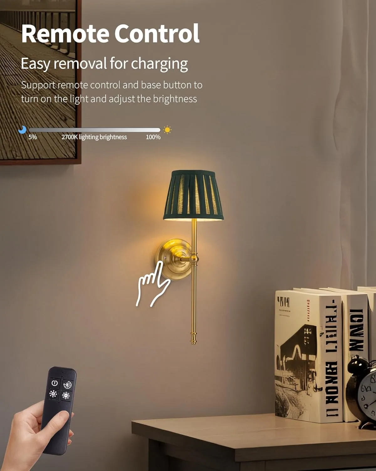 KDG Cordless Wall Sconces Set of 2, Small Wireless 5200mAh Rechargeable Battery Fabric LED Wall Lamps, Portables Lightings for Wall Painting, Living Room, Bedroom, Hallway, Gifts, Night Light (Green)