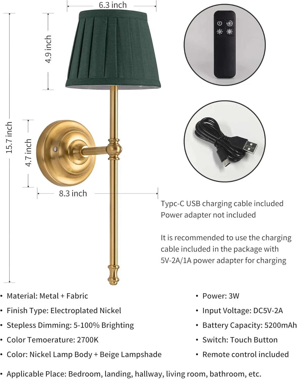 KDG Cordless Wall Sconces Set of 2, Small Wireless 5200mAh Rechargeable Battery Fabric LED Wall Lamps, Portables Lightings for Wall Painting, Living Room, Bedroom, Hallway, Gifts, Night Light (Green)