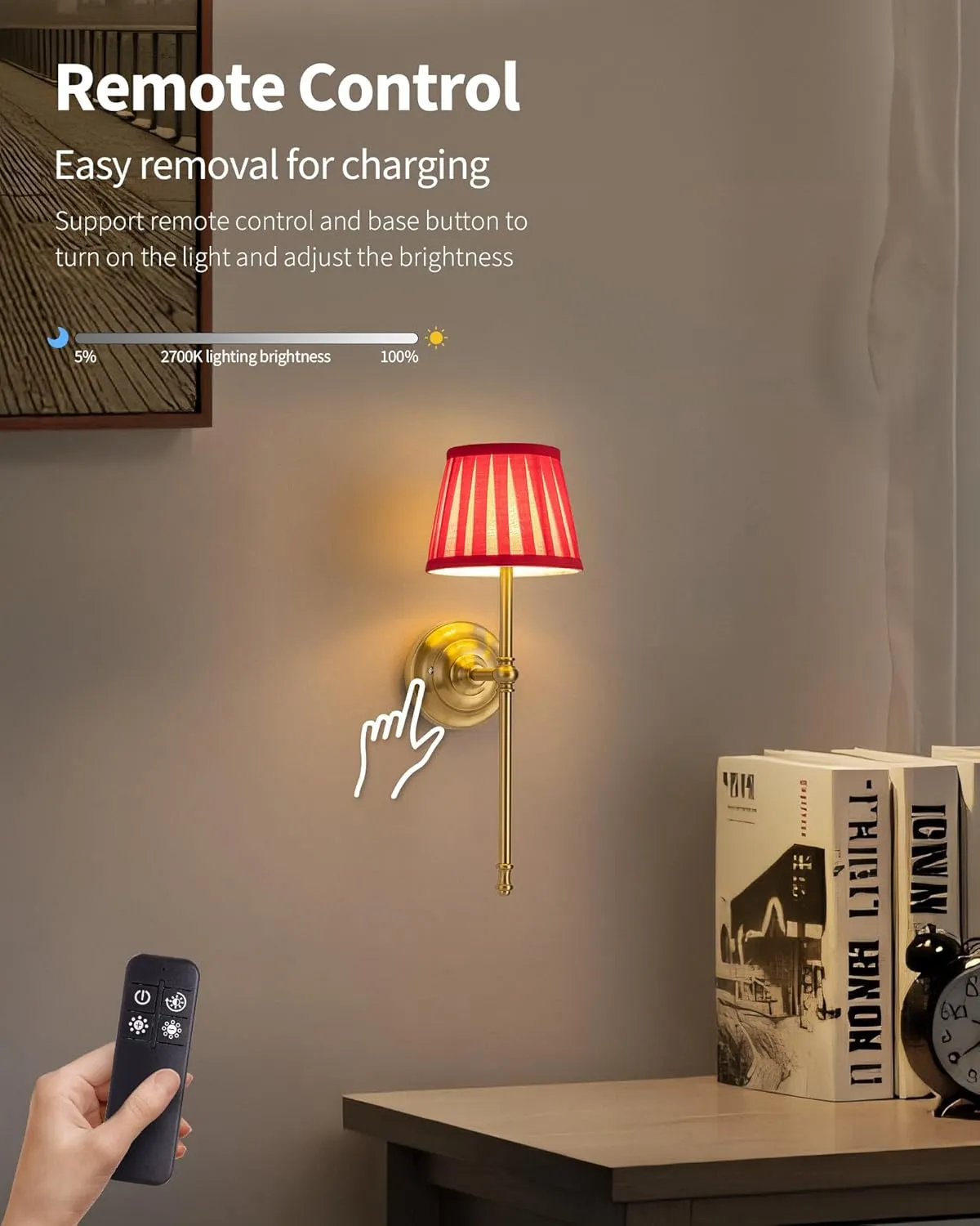 KDG Cordless Wall Sconces Set of 2, Small Wireless 5200mAh Rechargeable Battery Fabric LED Wall Lamps, Portables Lightings for Wall Painting, Living Room, Bedroom, Hallway, Gifts, Night Light (Red)