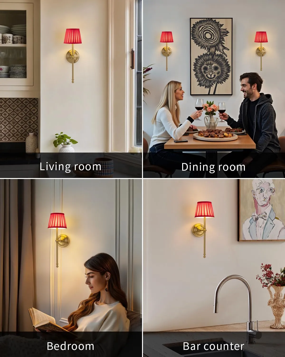KDG Cordless Wall Sconces Set of 2, Small Wireless 5200mAh Rechargeable Battery Fabric LED Wall Lamps, Portables Lightings for Wall Painting, Living Room, Bedroom, Hallway, Gifts, Night Light (Red)