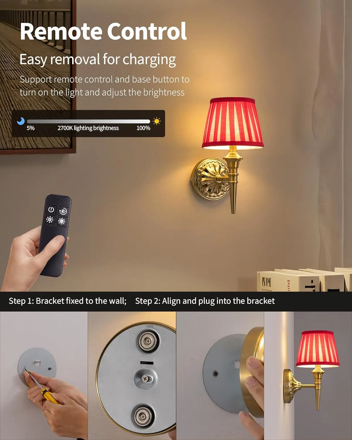 KDG Cordless Wall Sconces Set of 2, Small Wireless 5200mAh Rechargeable Battery Fabric LED Wall Lamps, Portables Lightings for Wall Painting, Living Room, Bedroom, Hallway, Gifts, Night Light (Red)