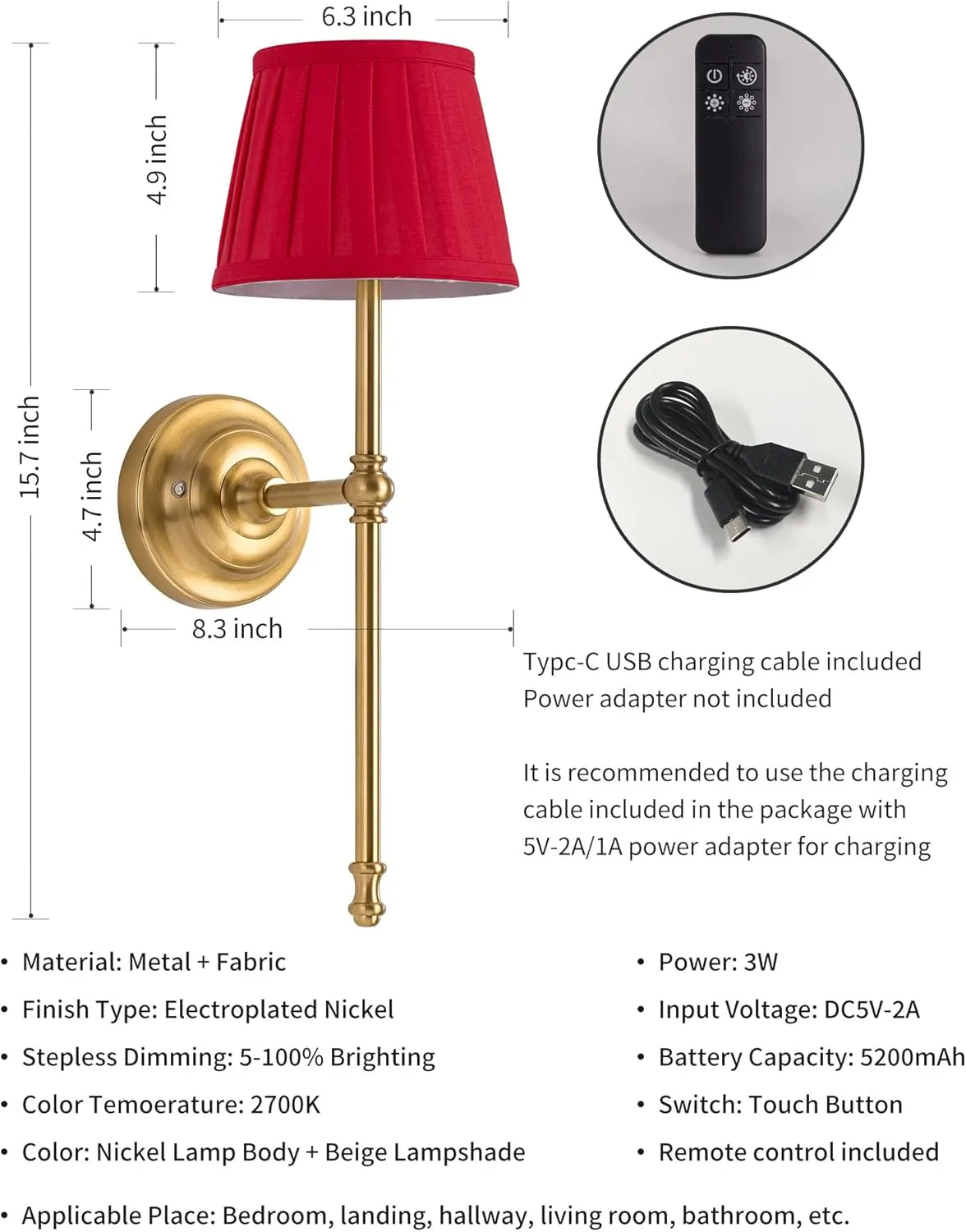 KDG Cordless Wall Sconces Set of 2, Small Wireless 5200mAh Rechargeable Battery Fabric LED Wall Lamps, Portables Lightings for Wall Painting, Living Room, Bedroom, Hallway, Gifts, Night Light (Red)