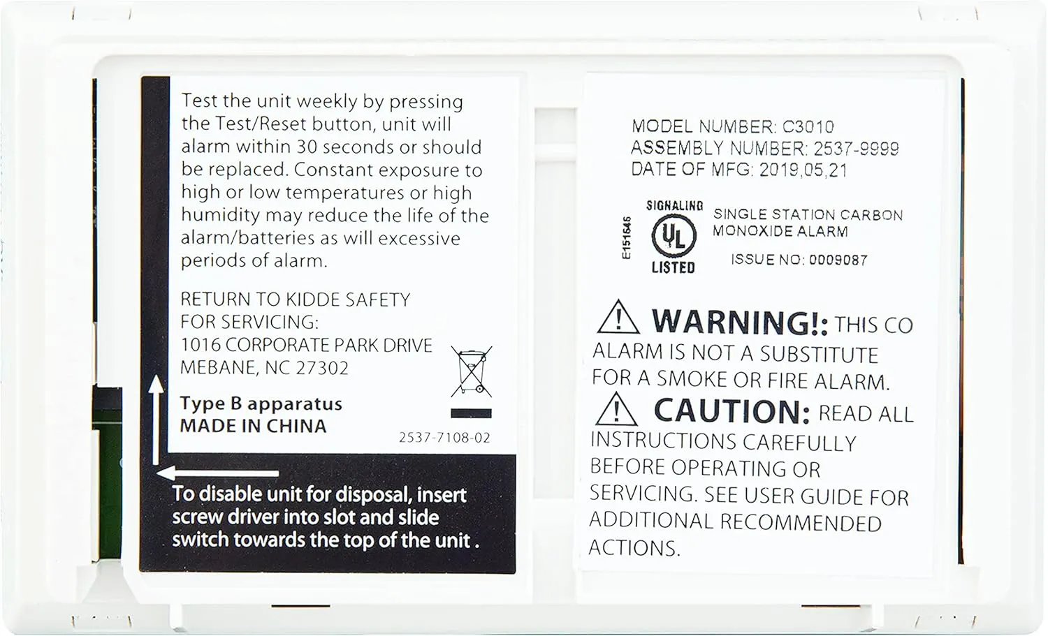 Kidde Carbon Monoxide Detector with 10-Year Battery, 3 LEDs, Replacement Indicator, Test-Reset Button