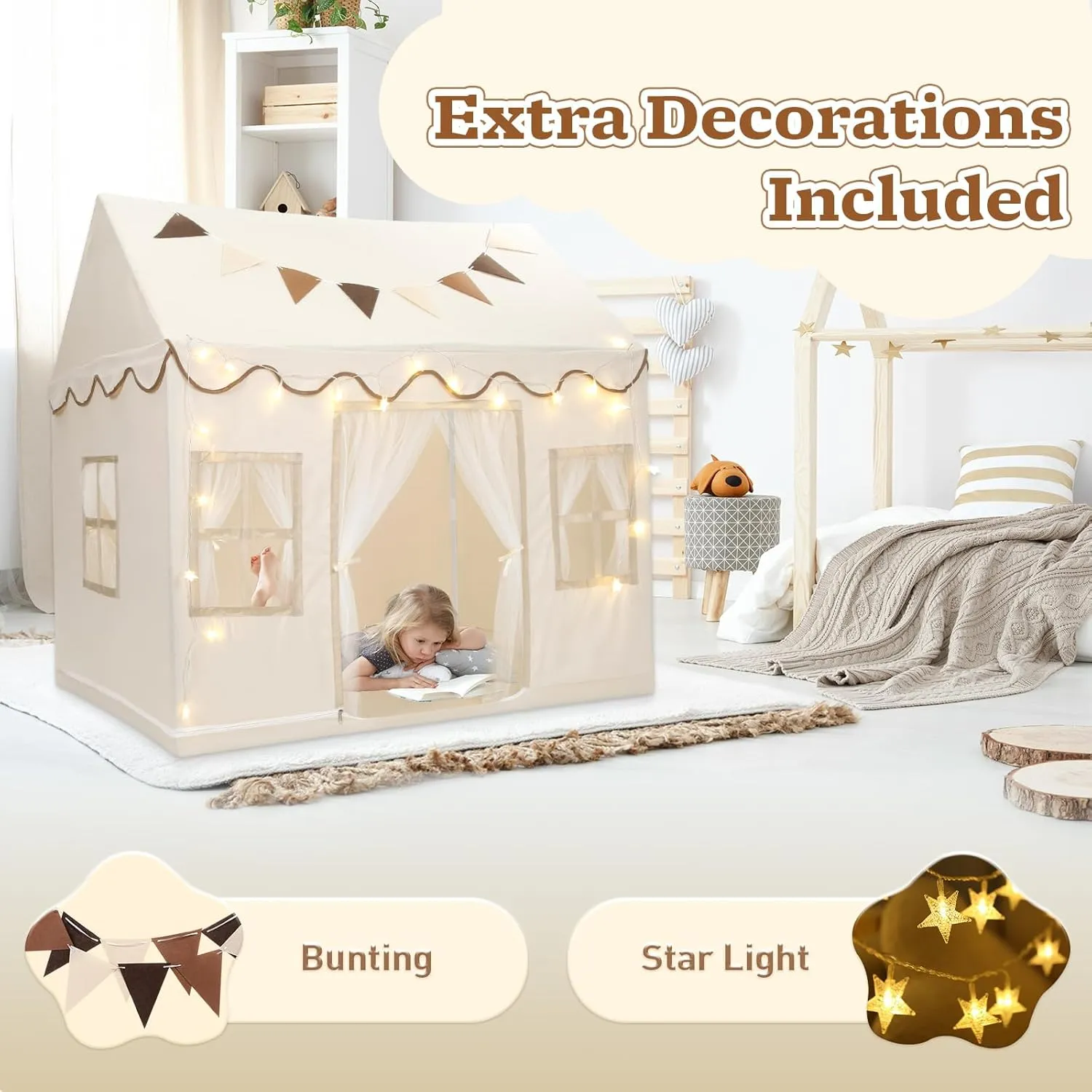Kids Play Tent, Toddlers Large Playhouse with Star String, Flag, Machine Washable, Indoor and Outdoor Play Tent for Kids, Girls & Boy Aged 3 , 50" x 34" x 51", Cream