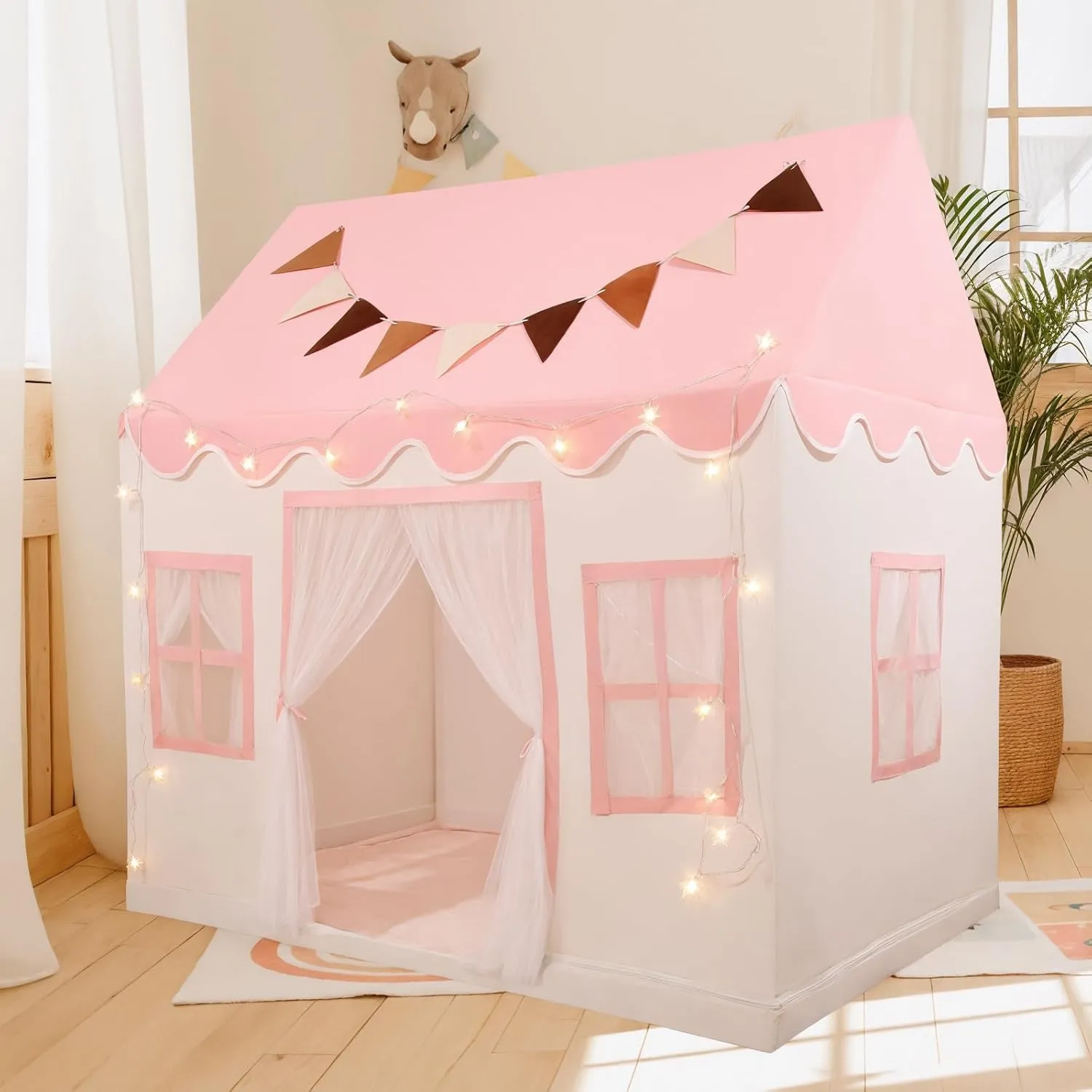 Kids Play Tent with Non-Slip Mat, Star String, Decorating Flag, Machine Washable Large Playhouse, Indoor and Outdoor Play Tent for Kids, Pink, 50" x 34" x 51"