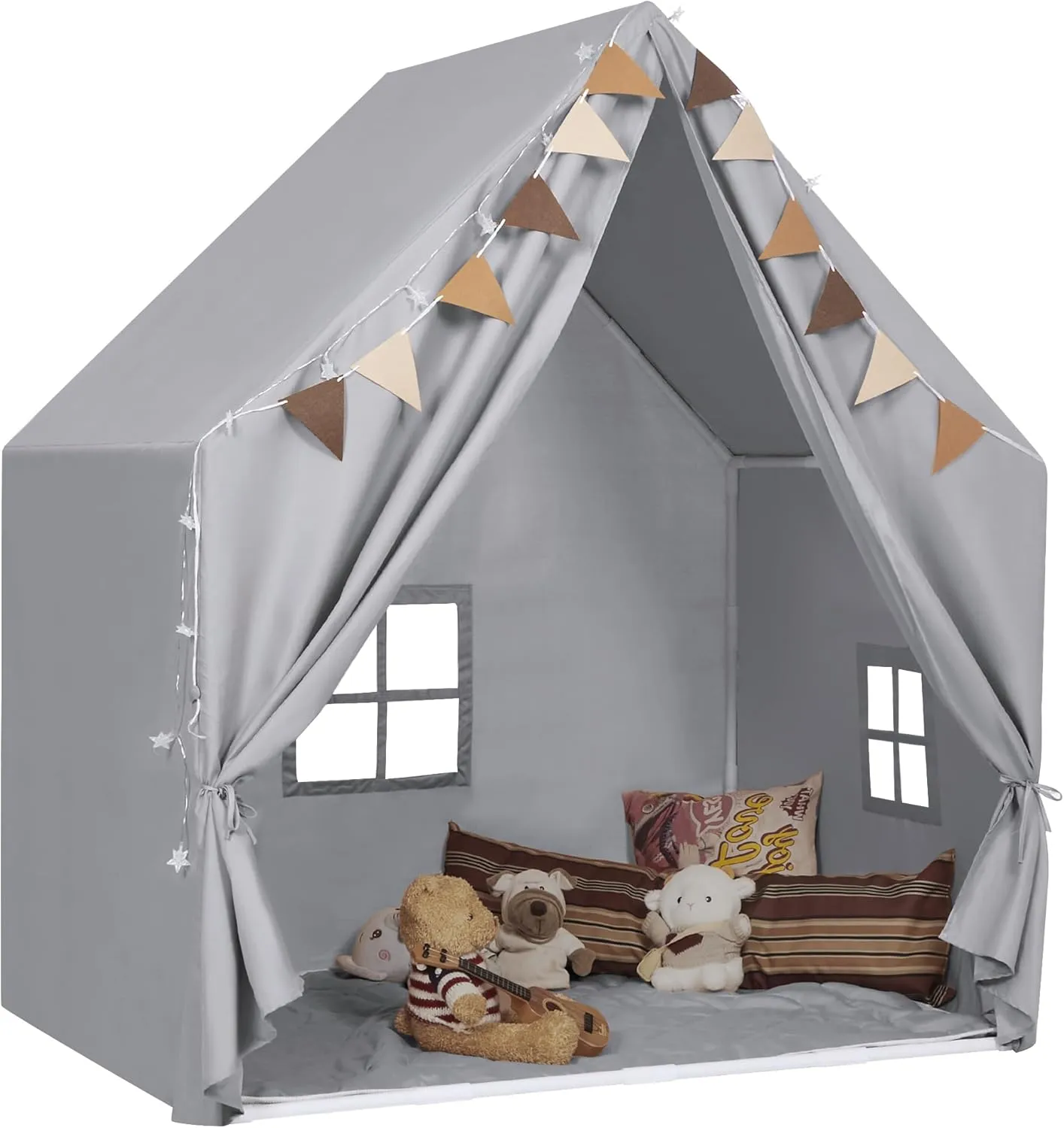 Kids Play Tent with Padded Mat & Star LED Lights for Ages 4-8-10 Year Old Girls Boys, Large Cute Indoor Play Room House Tent for Toddler Children Gtey