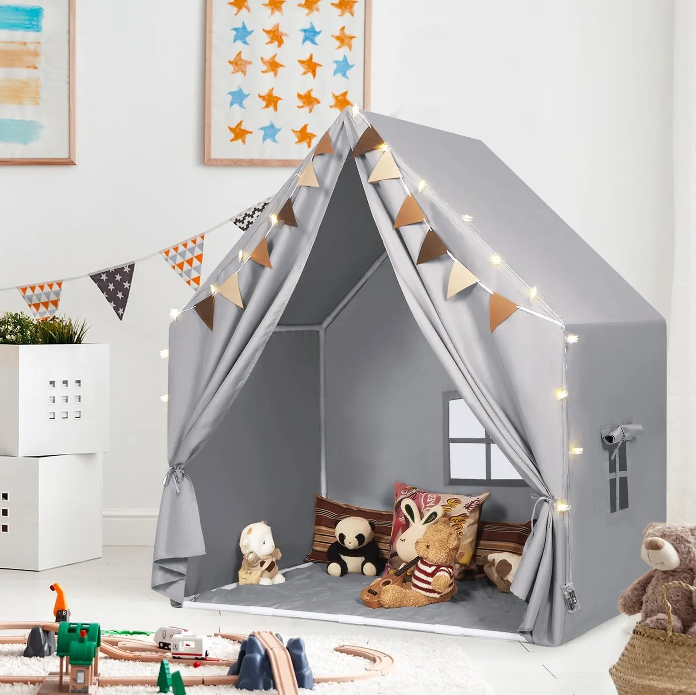Kids Play Tent with Padded Mat & Star LED Lights for Ages 4-8-10 Year Old Girls Boys, Large Cute Indoor Play Room House Tent for Toddler Children Gtey
