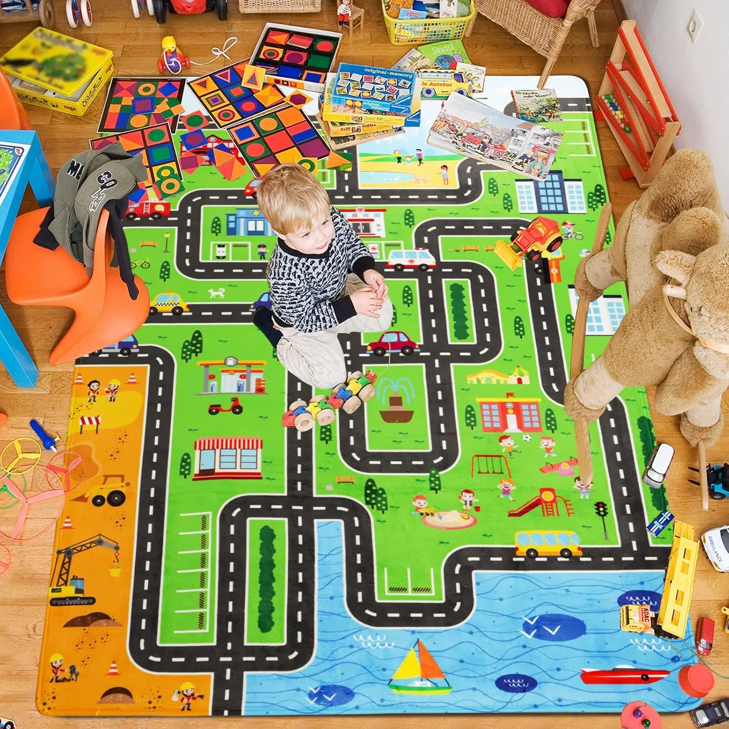 Kids Playmat - Town City Road Map, Large Educational Car Track Play Rug for Playroom, Bedroom, Living Room (Style 1, 78.7 x 59 INCH)