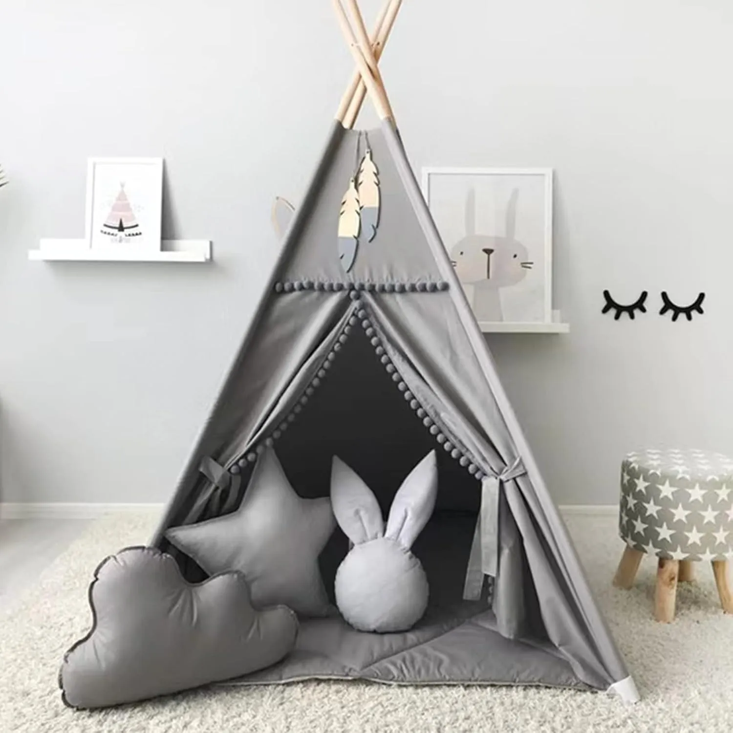 Kids Teepee Tent with White Pom Pom - Indoor Play Teepee for Children Boys Portable Play House (Grey)
