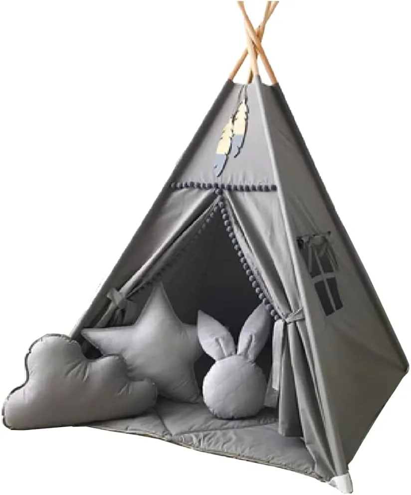 Kids Teepee Tent with White Pom Pom - Indoor Play Teepee for Children Boys Portable Play House (Grey)