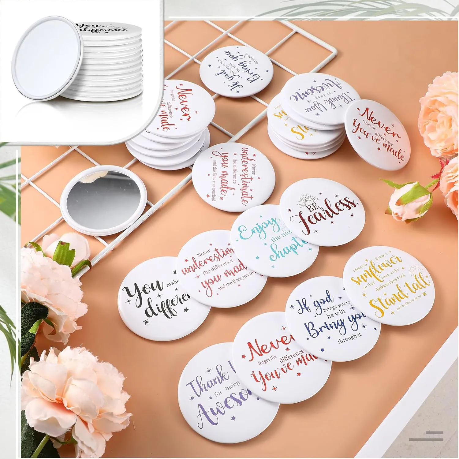 Kigley 96 Pcs Inspirational Gifts for Teachers Bulk 2.8 Inch Compact Mirror Round Portable Pocket Purse Small Mirror Back to School Gifts for Women Coworker Employee Students (White Base)