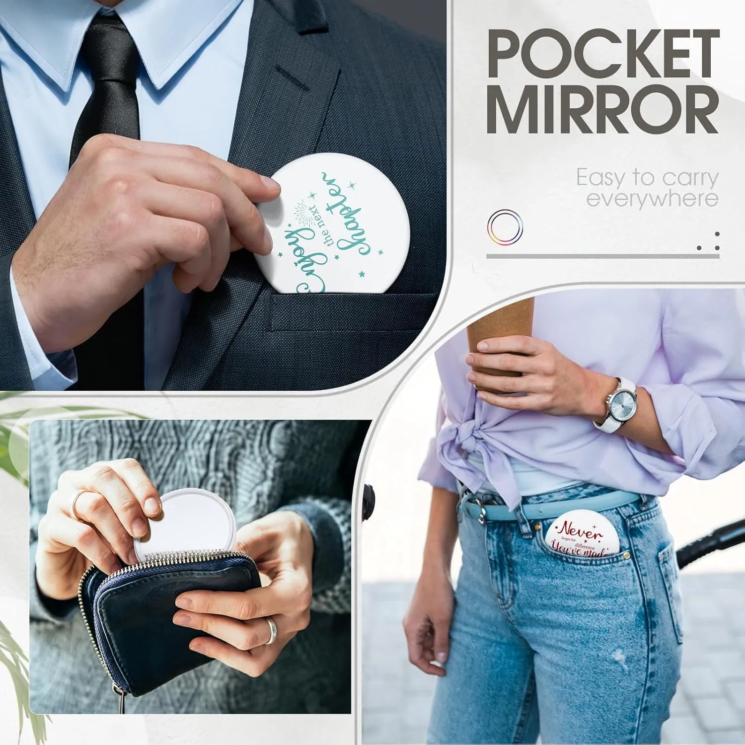 Kigley 96 Pcs Inspirational Gifts for Teachers Bulk 2.8 Inch Compact Mirror Round Portable Pocket Purse Small Mirror Back to School Gifts for Women Coworker Employee Students (White Base)