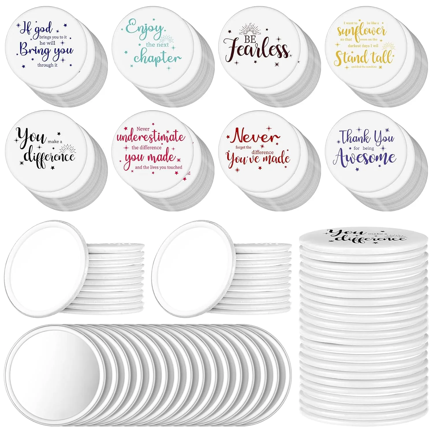 Kigley 96 Pcs Inspirational Gifts for Teachers Bulk 2.8 Inch Compact Mirror Round Portable Pocket Purse Small Mirror Back to School Gifts for Women Coworker Employee Students (White Base)