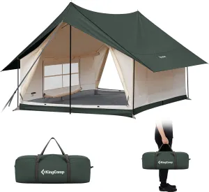 KingCamp Canvas Cabin Tent with Large Windows, Waterproof & Breathable 3/4 Season Tents, Easy Setup Glamping Tent with Carry Bag, for Camping, Picnic Olive Green