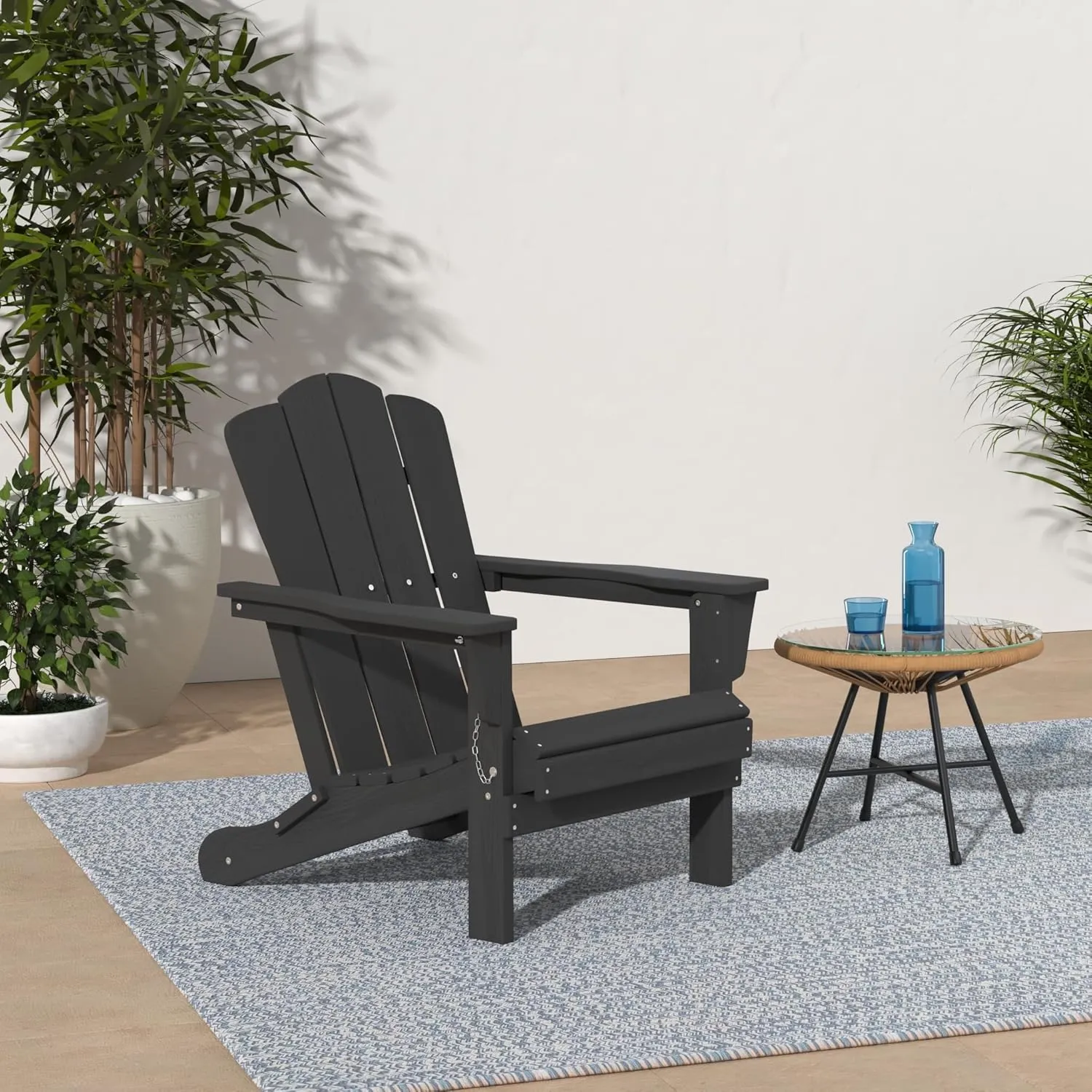 KINGYES Folding Adirondack Chair, HDPE All-Weather Patio Chairs, Wooden Textured Lawn Chair for Poolside, Backyard, Deck, Fire Pit, Black