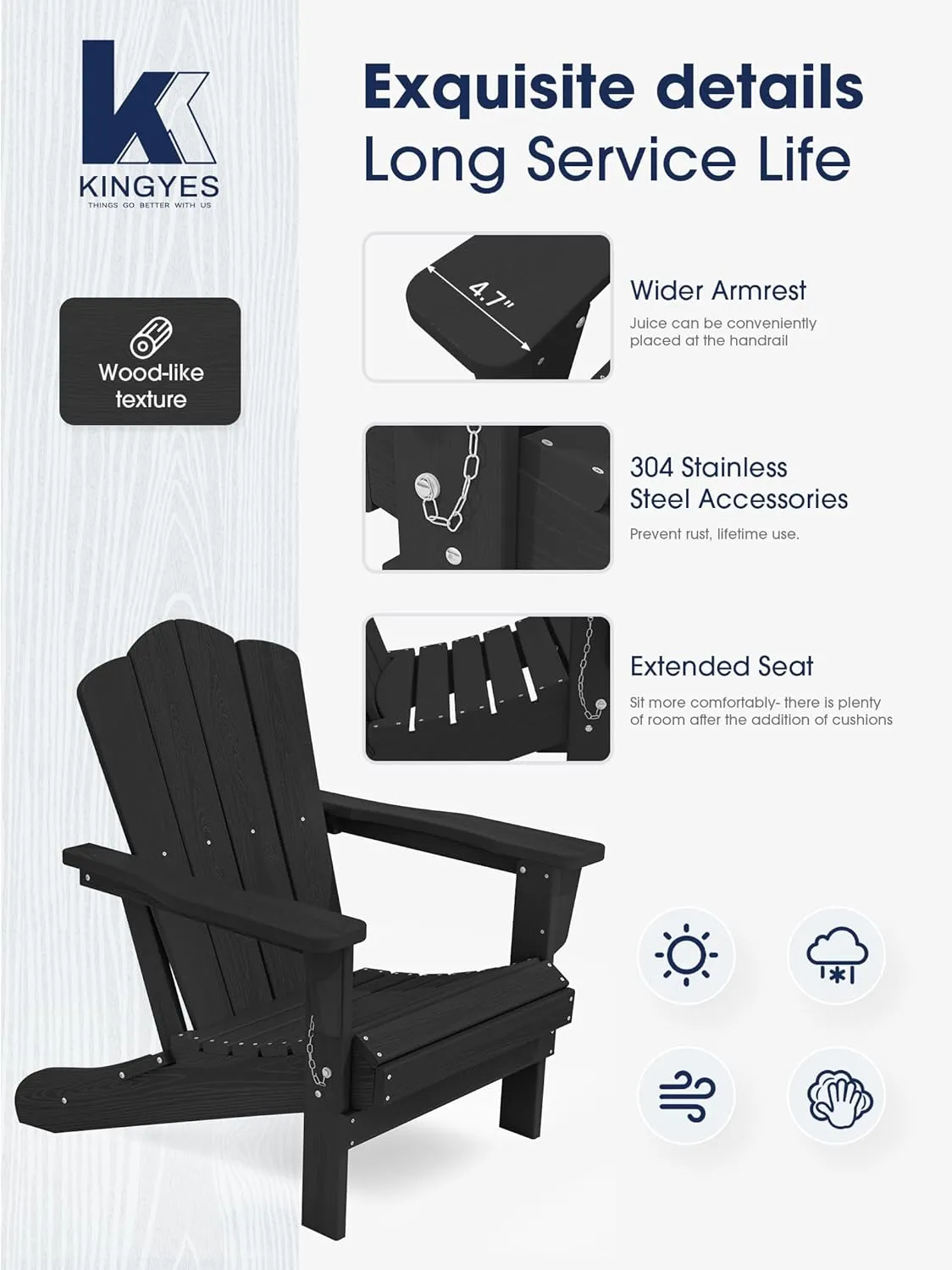 KINGYES Folding Adirondack Chair, HDPE All-Weather Patio Chairs, Wooden Textured Lawn Chair for Poolside, Backyard, Deck, Fire Pit, Black