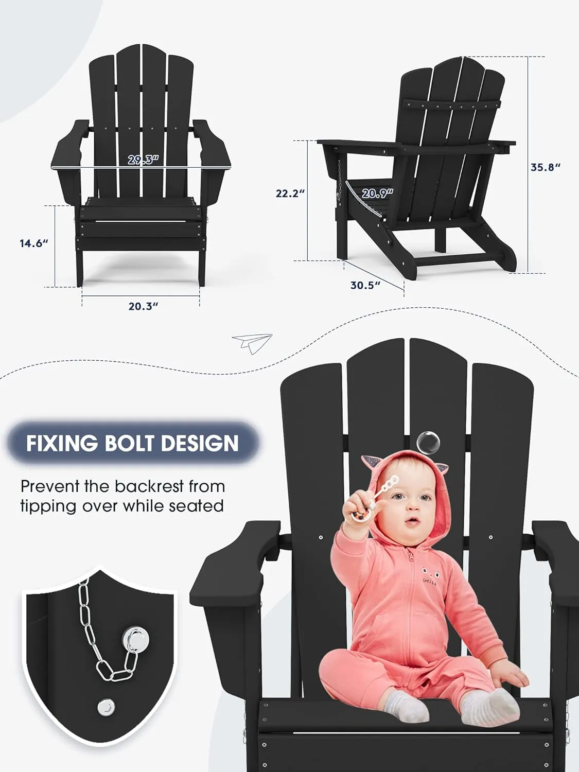KINGYES Folding Adirondack Chair, HDPE All-Weather Patio Chairs, Wooden Textured Lawn Chair for Poolside, Backyard, Deck, Fire Pit, Black