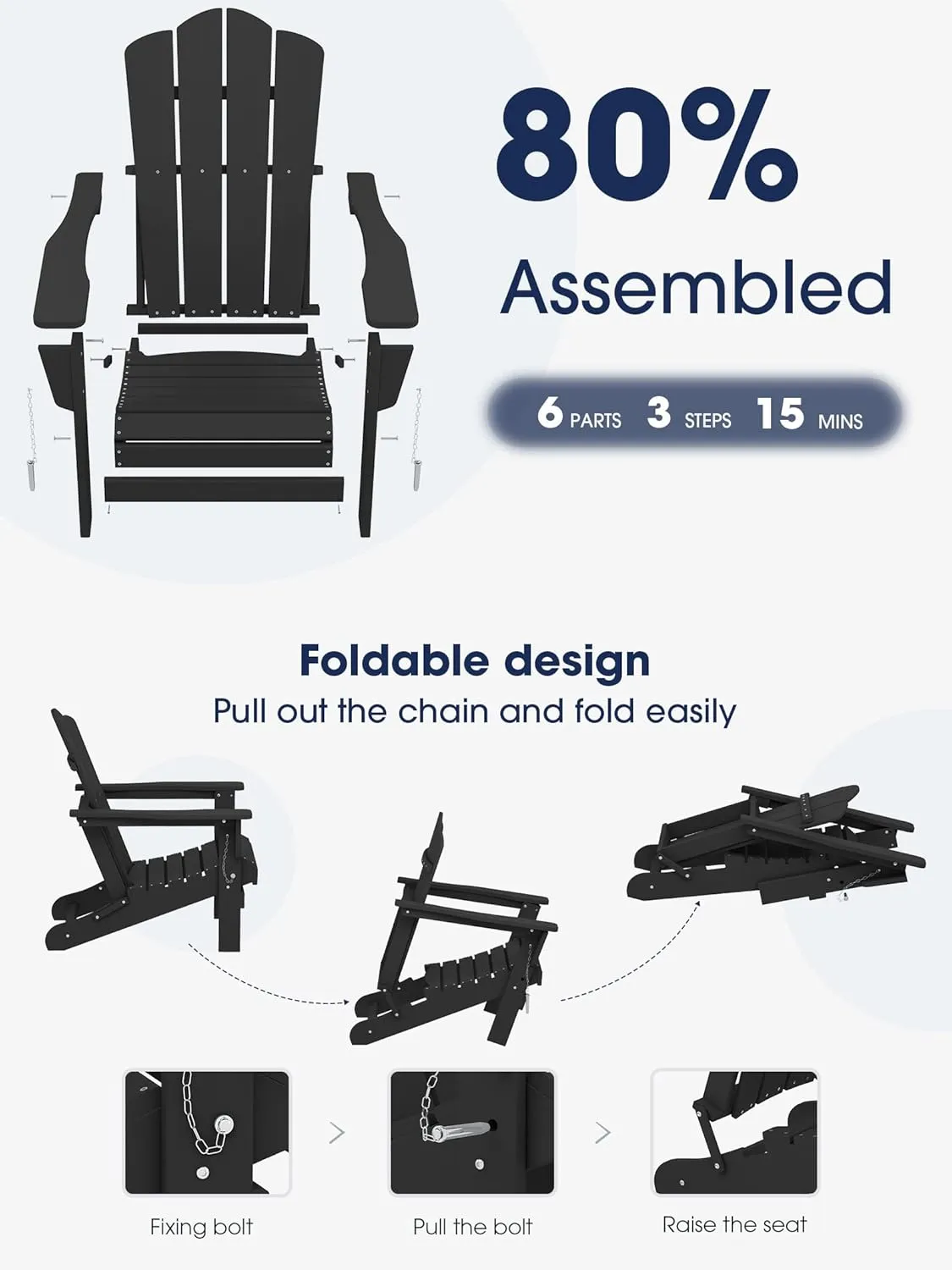 KINGYES Folding Adirondack Chair, HDPE All-Weather Patio Chairs, Wooden Textured Lawn Chair for Poolside, Backyard, Deck, Fire Pit, Black