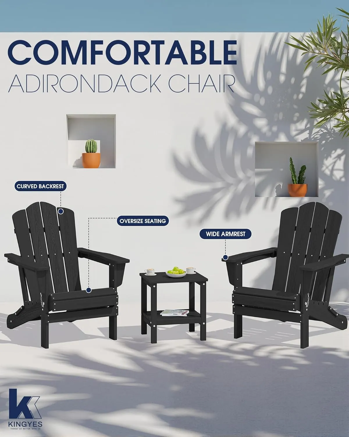 KINGYES Folding Adirondack Chair, HDPE All-Weather Patio Chairs, Wooden Textured Lawn Chair for Poolside, Backyard, Deck, Fire Pit, Black
