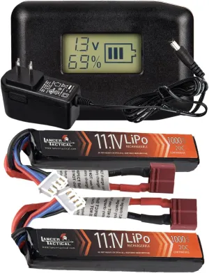 Lancer Tactical Battery Pack with Charger-2 Pack 11.1V Lipo 1000mAh 20C Stick Rechargeable Battery with LCD Universal LiPo Balance Charger for Airsoft AEGs, Lancer Gen 3, Proline, Hybrid