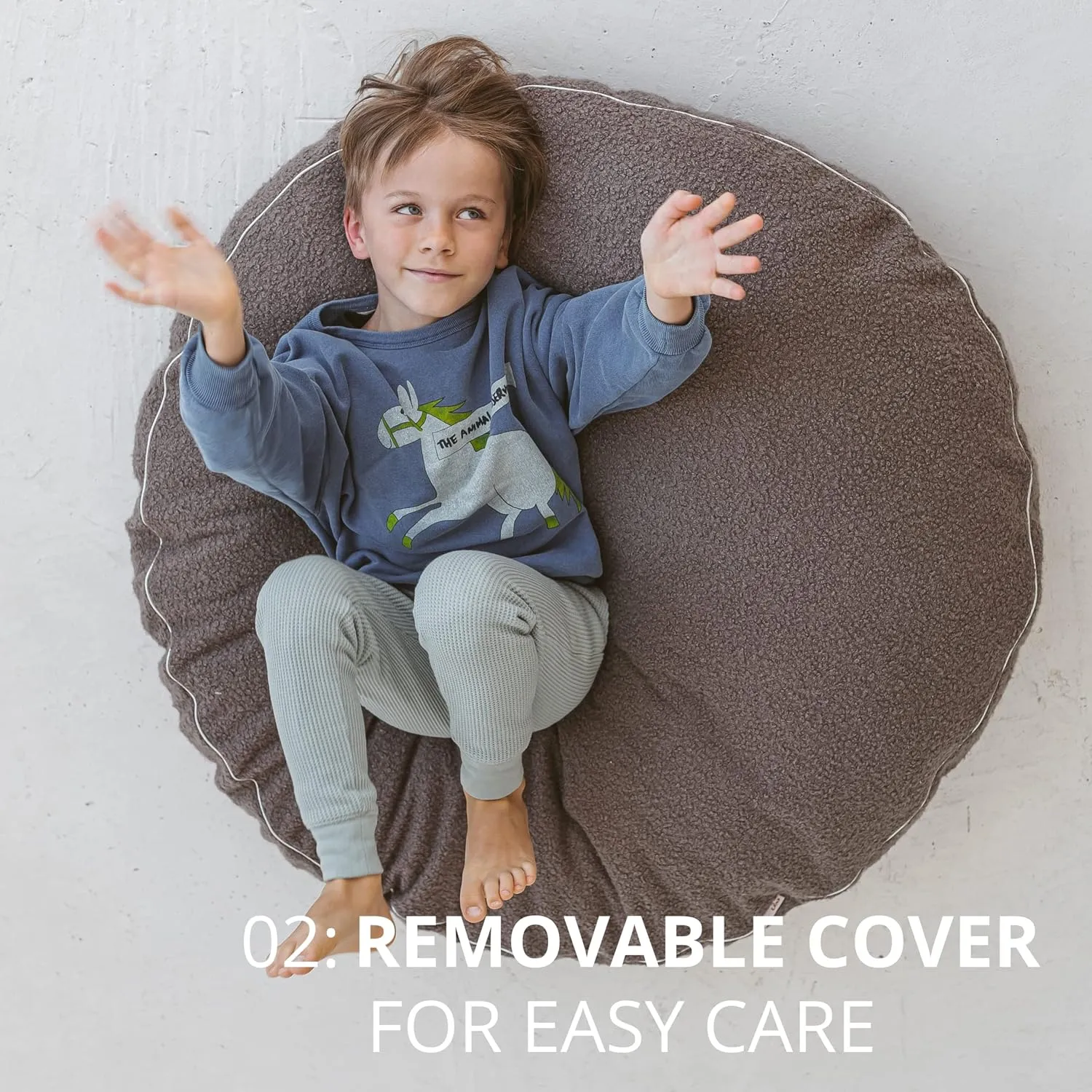 Large Floor Cushions for Kids - Ultra-Fluffy & Washable Children Bean Bag Chair with Filling and Boucle Sherpa Cover - 40” Wide - Cute Lounger and Reading Pillow for Toddlers & Teens (Grey)