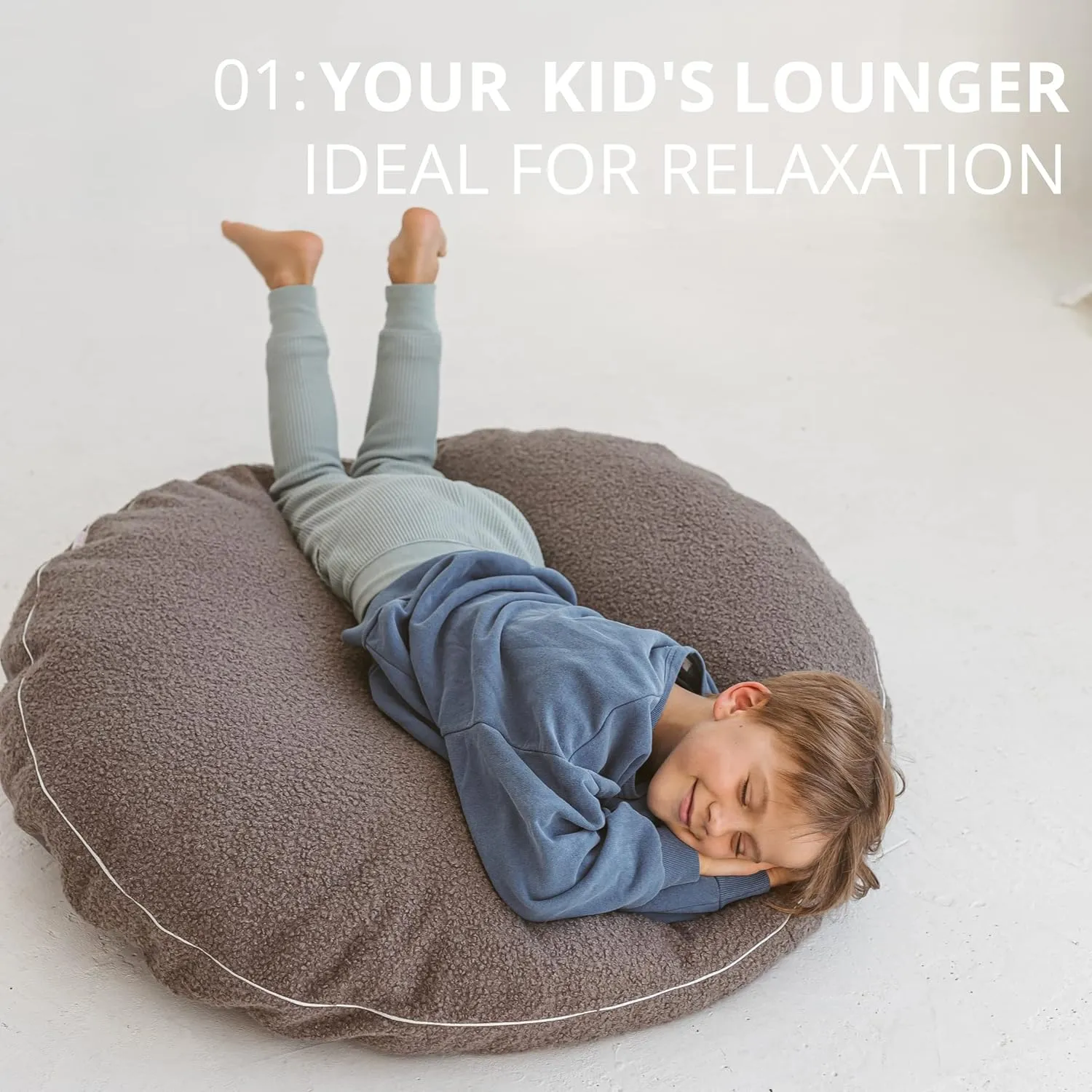 Large Floor Cushions for Kids - Ultra-Fluffy & Washable Children Bean Bag Chair with Filling and Boucle Sherpa Cover - 40” Wide - Cute Lounger and Reading Pillow for Toddlers & Teens (Grey)