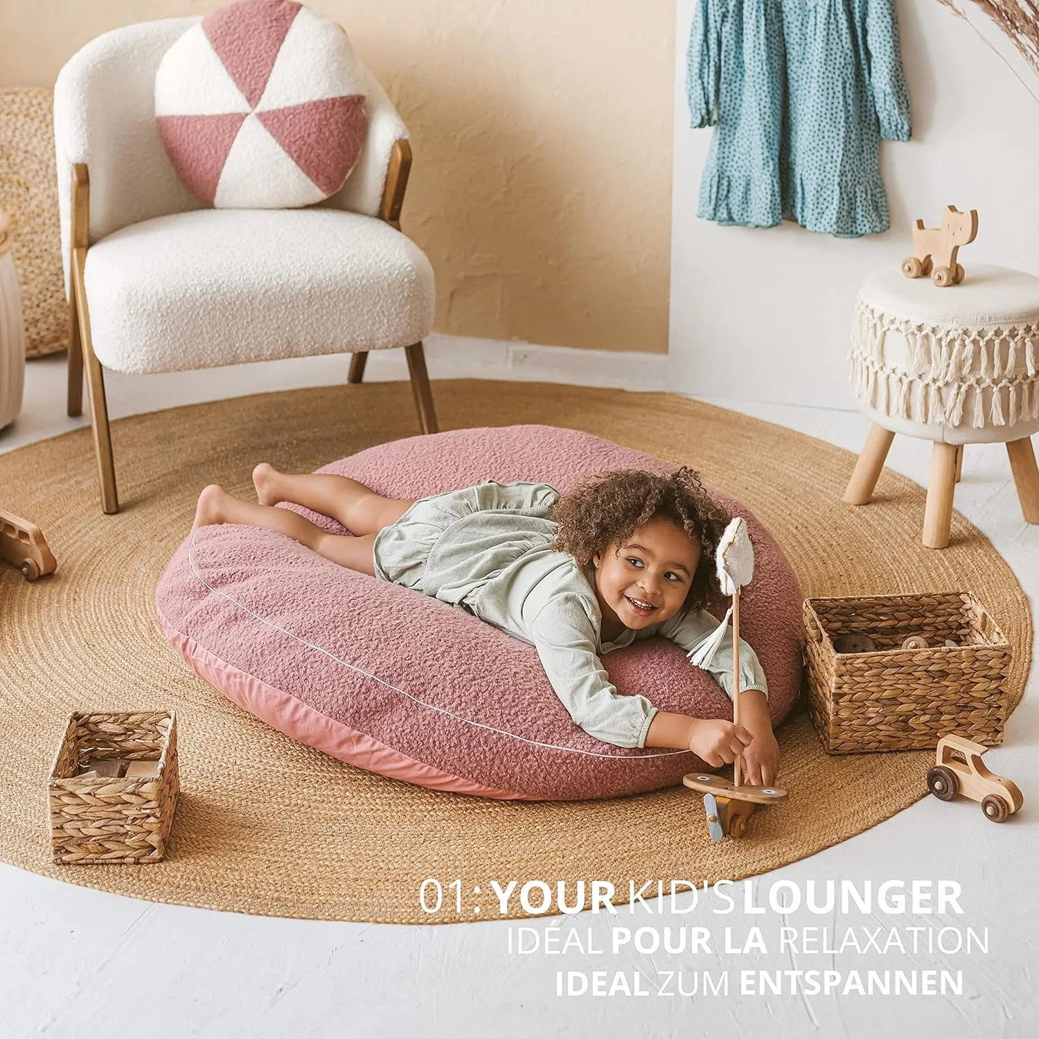 Large Floor Cushions for Kids - Ultra-Fluffy & Washable Children Bean Bag Chair with Filling and Boucle Sherpa Cover - 40” Wide - Cute Lounger and Reading Pillow for Toddlers & Teens (Pink)