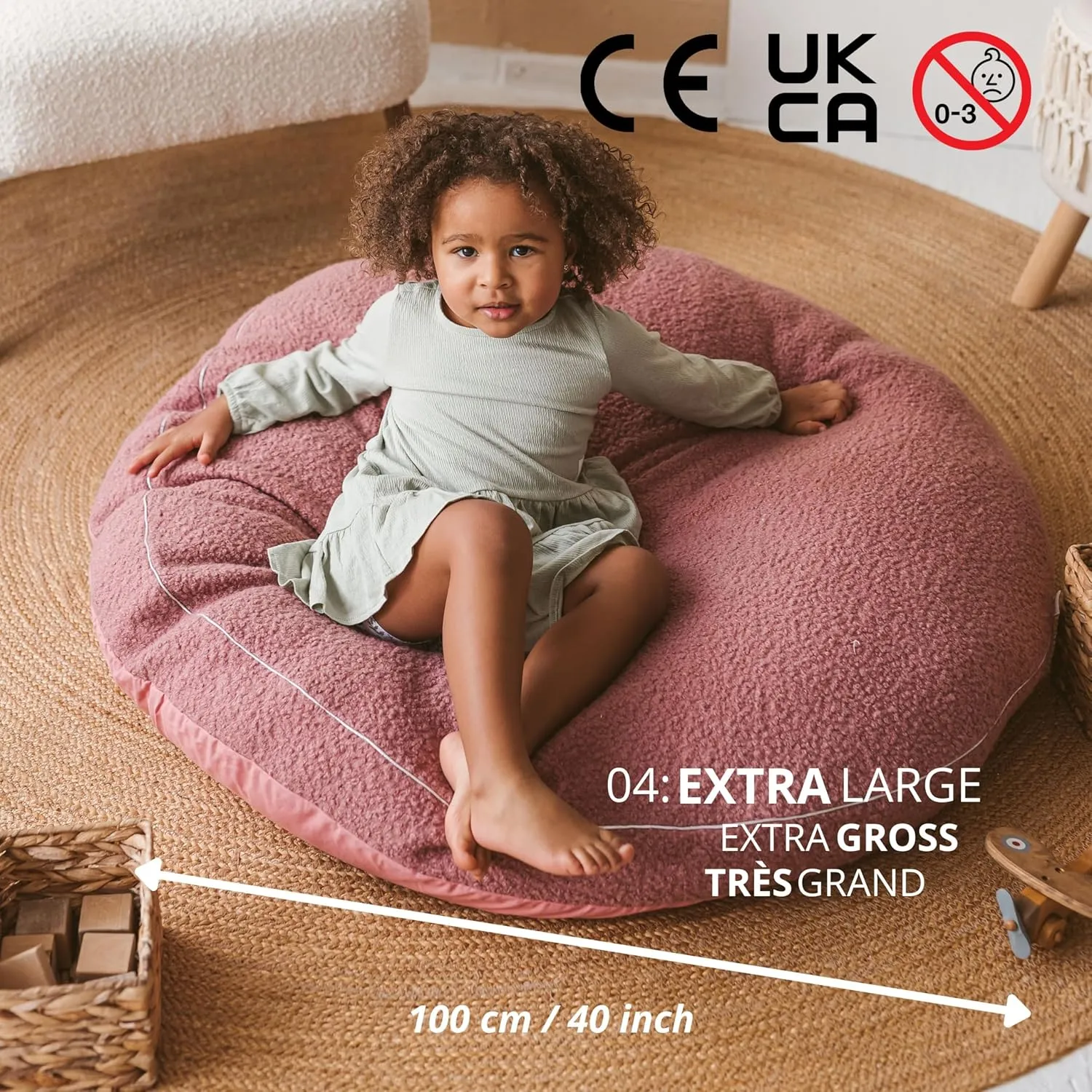 Large Floor Cushions for Kids - Ultra-Fluffy & Washable Children Bean Bag Chair with Filling and Boucle Sherpa Cover - 40” Wide - Cute Lounger and Reading Pillow for Toddlers & Teens (Pink)