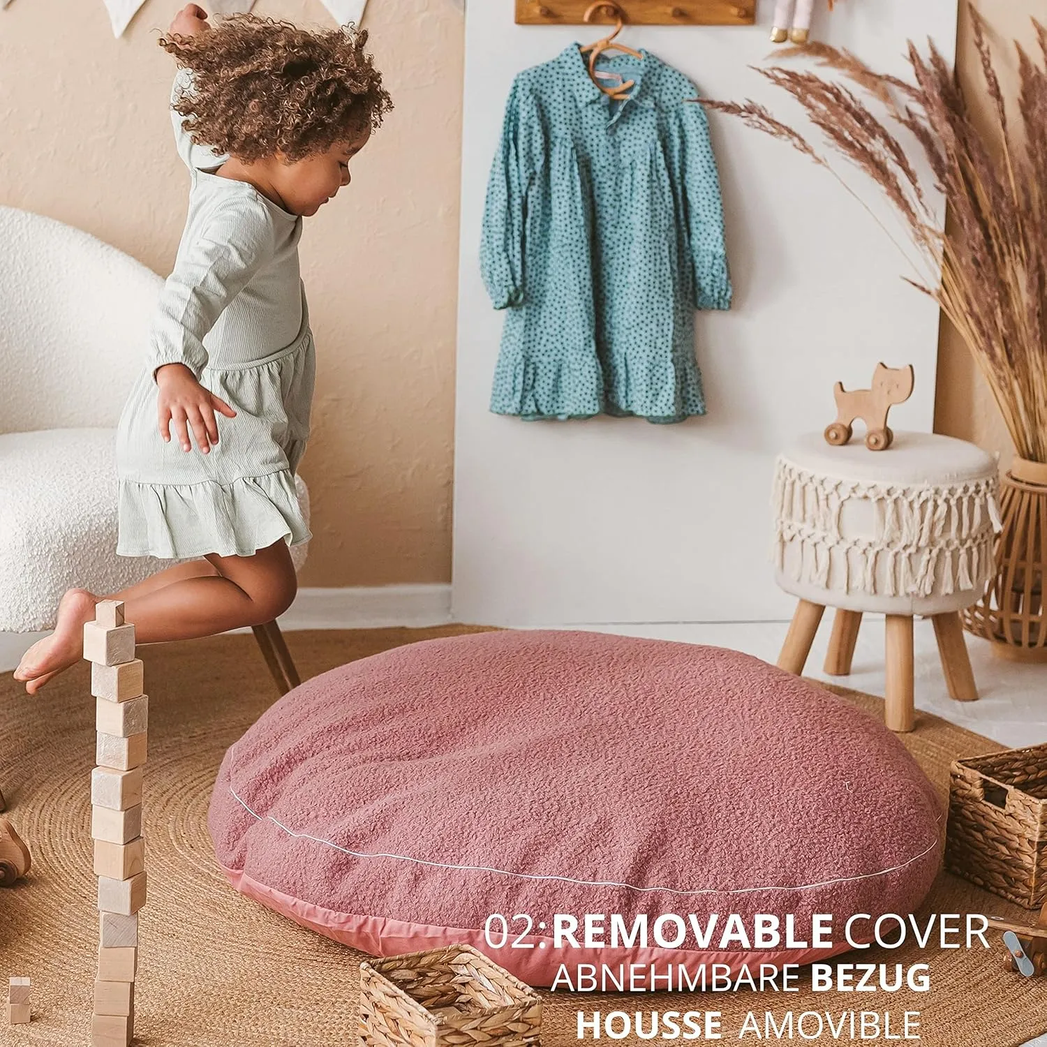 Large Floor Cushions for Kids - Ultra-Fluffy & Washable Children Bean Bag Chair with Filling and Boucle Sherpa Cover - 40” Wide - Cute Lounger and Reading Pillow for Toddlers & Teens (Pink)