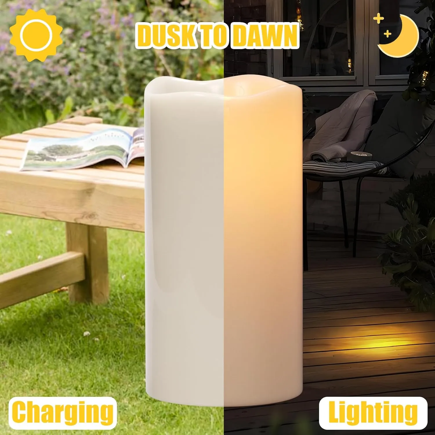 Large Solar Candles Outdoor Waterproof, Outdoor Candles Rechargeable for Lanterns, Large Solar Lanterns Flickering for Garden Camping Patio Home Decor Dusk to Dawn (2Pcs,4" D×8"/10" H)
