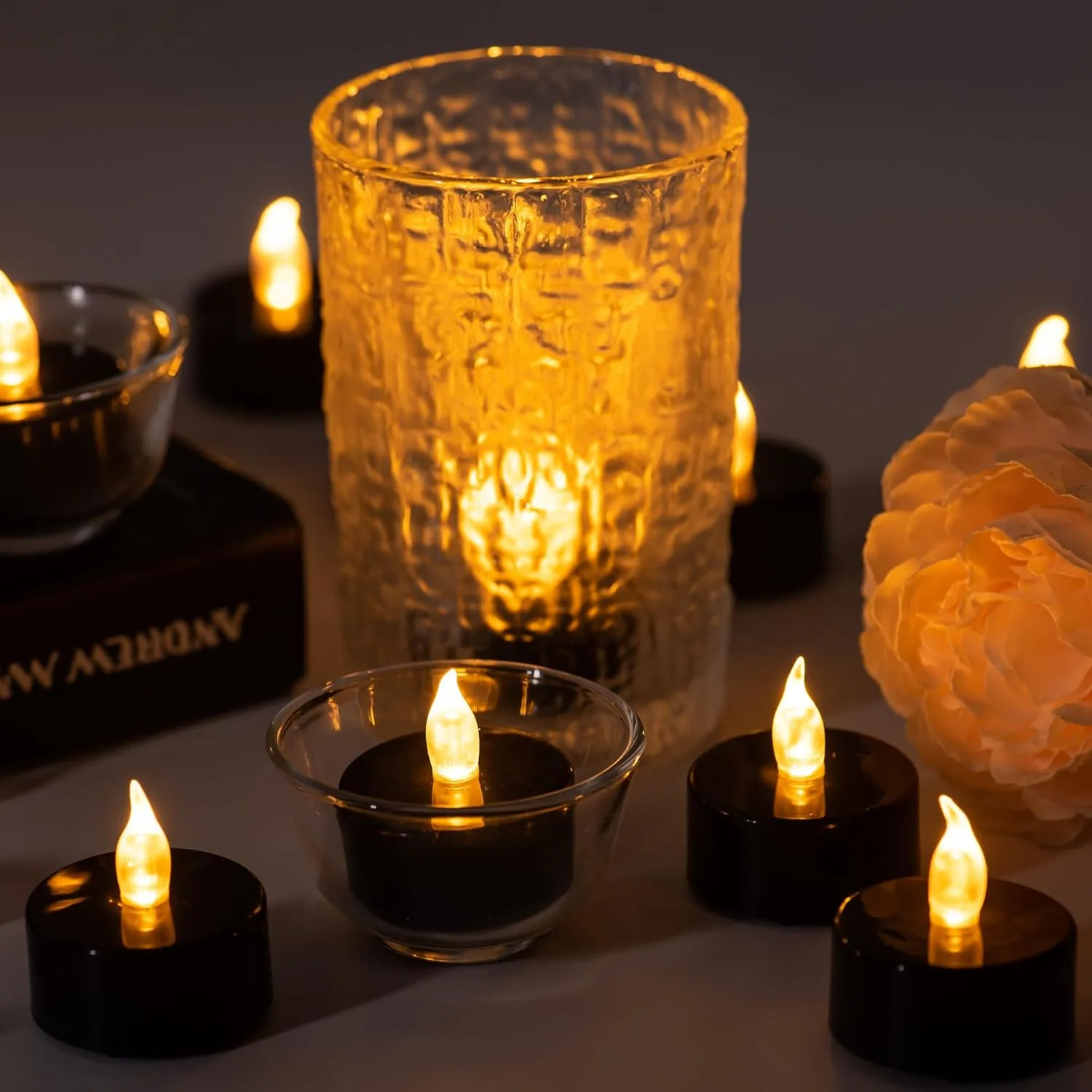 Lasts 2X Longer Black Flameless Tealight Candles, 100 Pack, Batteries Included, Realistic Tea Lights Candles, Flickering Bright Tealights, Battery Operated Candles for Halloween Decorations