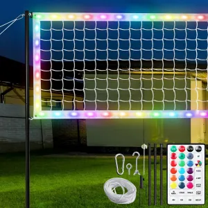 LED Volleyball Net Set, 32x3FT Light Up Volleyball Net Set with Adjustable Height Poles, Carry Bag & Remote, Glow in The Dark Heavy Duty Badminton Volleyball Net Set for Backyard Outdoor Game