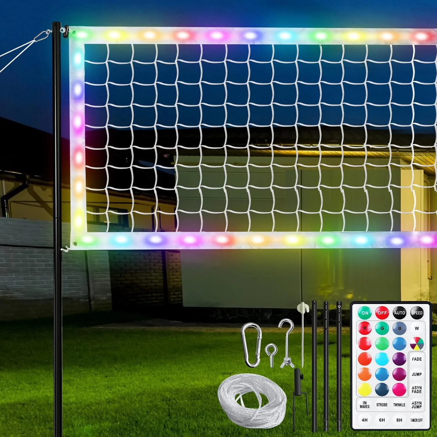 LED Volleyball Net Set, 32x3FT Light Up Volleyball Net Set with Adjustable Height Poles, Carry Bag & Remote, Glow in The Dark Heavy Duty Badminton Volleyball Net Set for Backyard Outdoor Game