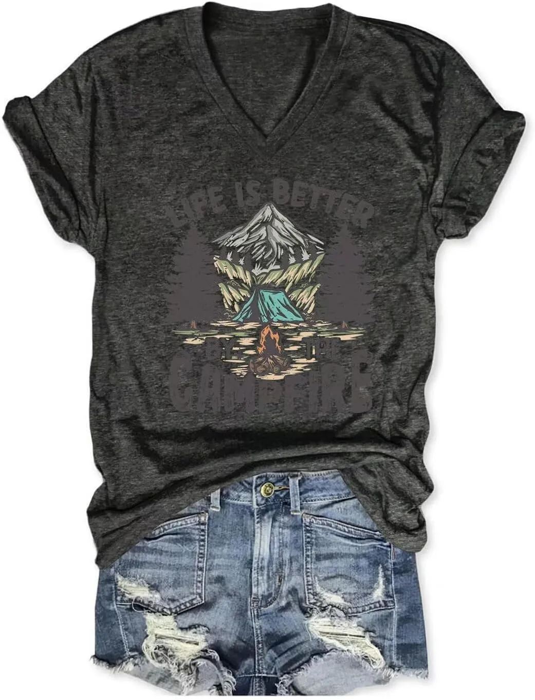 Life is Better by The Campfire V Neck T-Shirt Women Funny Camper Camp Shirt Tent Graphic V Neck Tee Casual Top