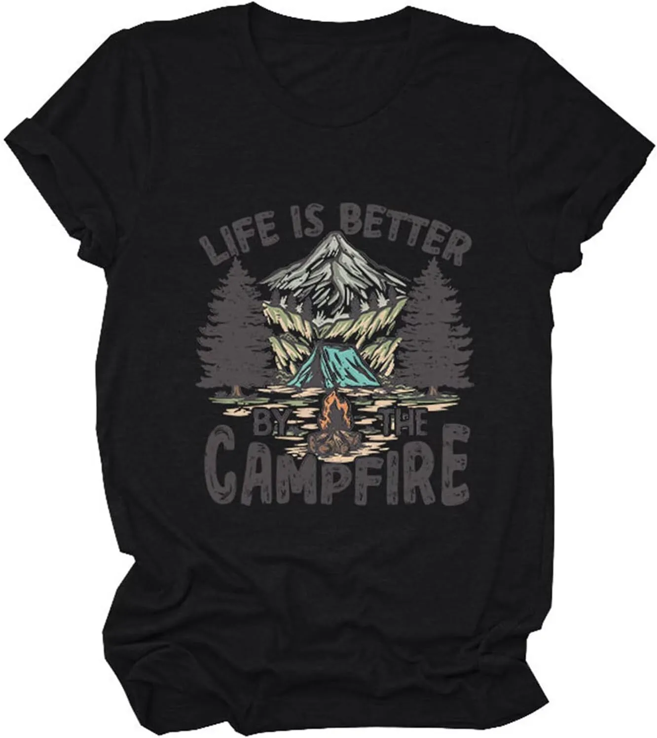 Life is Better by The Campfire.T-Shirt Women Funny Camper Camp Camping T-Shirt Tent Graphic Tee Casual Top