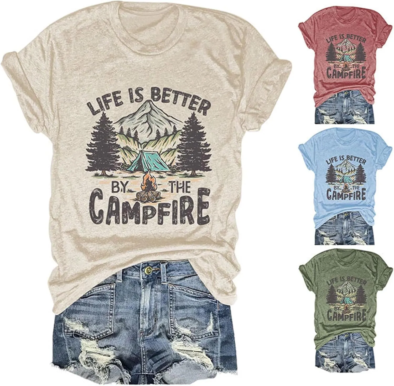 Life is Better by The Campfire.T-Shirt Women Funny Camper Camp Camping T-Shirt Tent Graphic Tee Casual Top
